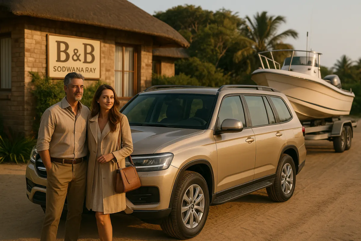 Hotels and guesthouses: B&B entrance with a couple standing beside an SUV outside a guesthouse.