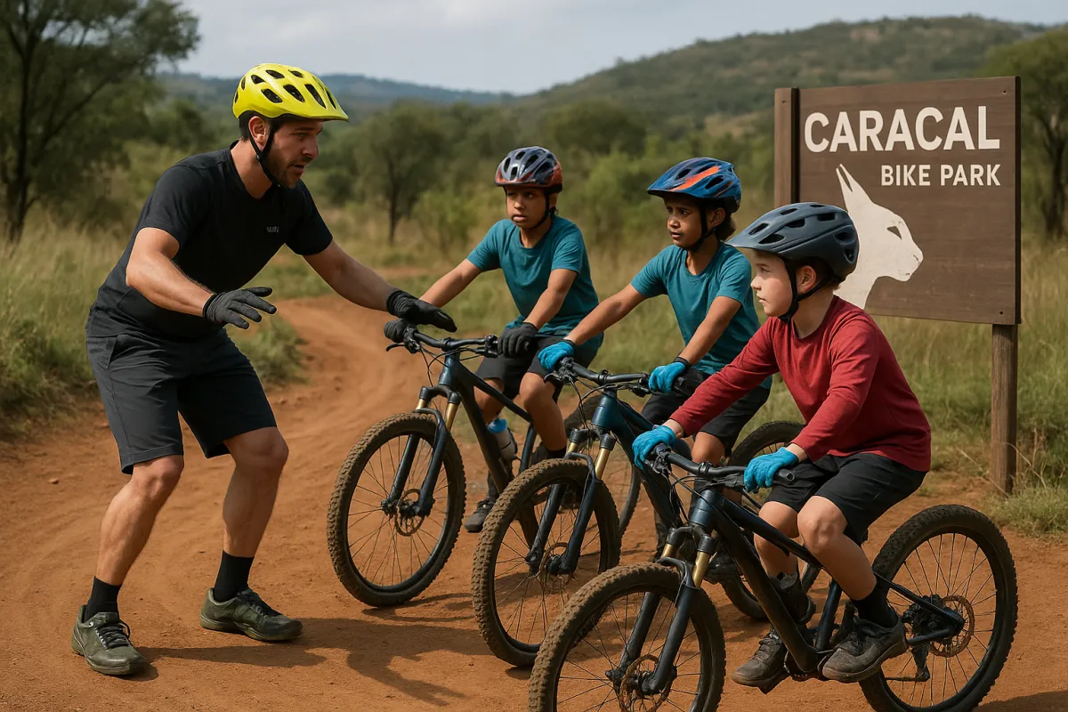 Schools and training academies: Group on mountain bikes at a trailhead, helmets on, ready for an outdoor session.