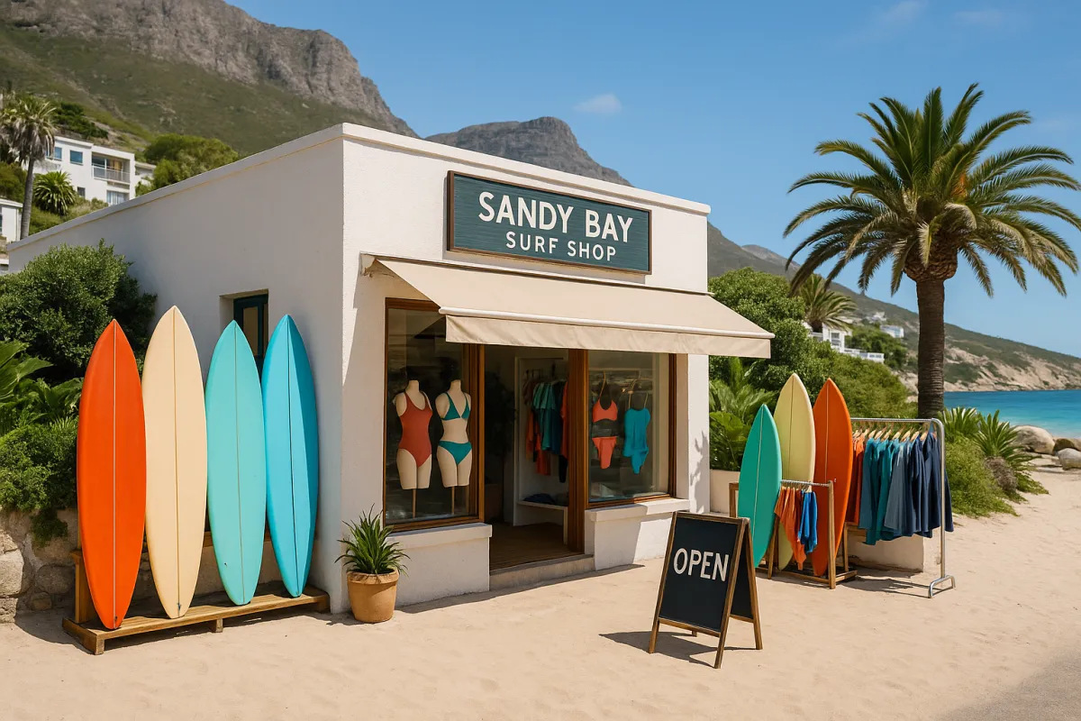 Retail chains and boutiques: Beachfront boutique with surfboards displayed outside and palm trees nearby.