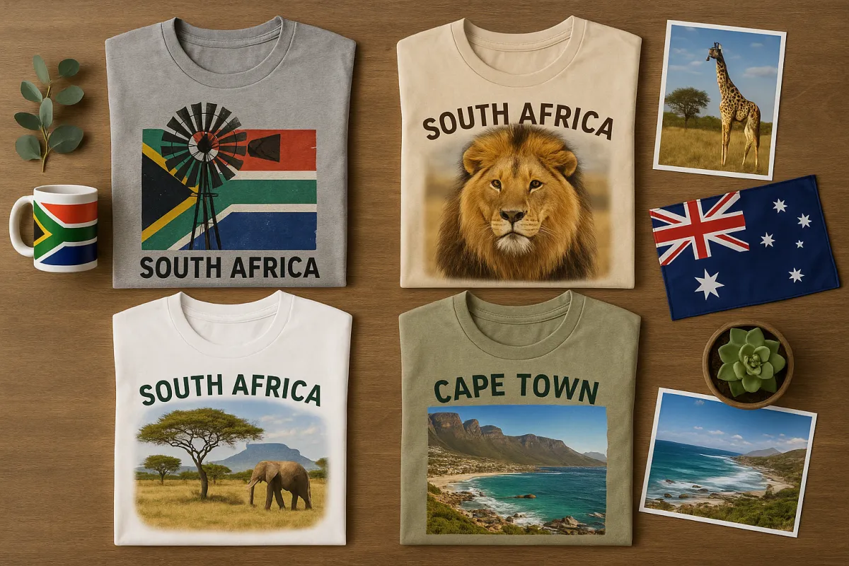 E-commerce brands and D2C: Flat lay of T-shirts and stickers featuring South Africa prints and flags.