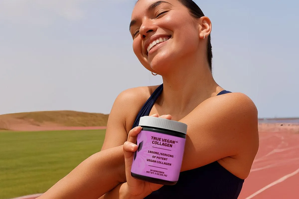 Woman holding Veggmins Vegan Collagen bottle on race track