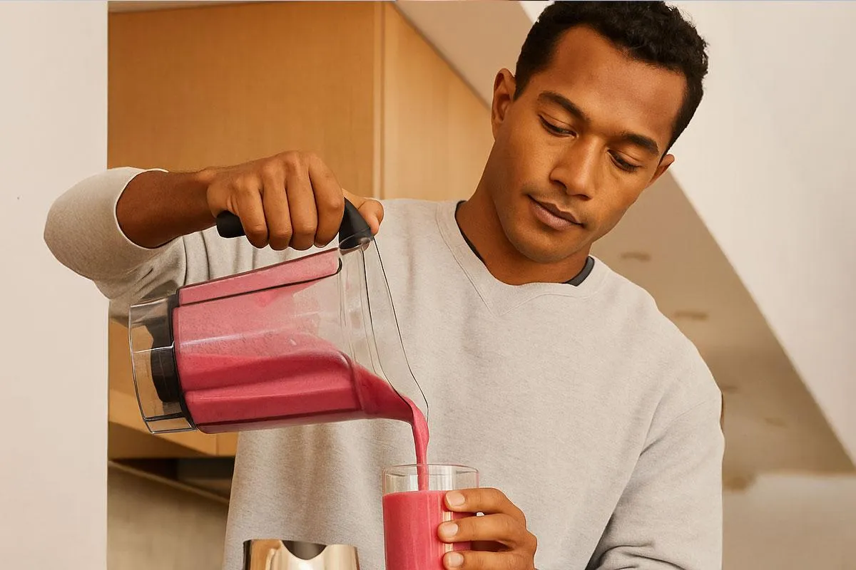 Man making a shake with Veggimins Vegan Collagen