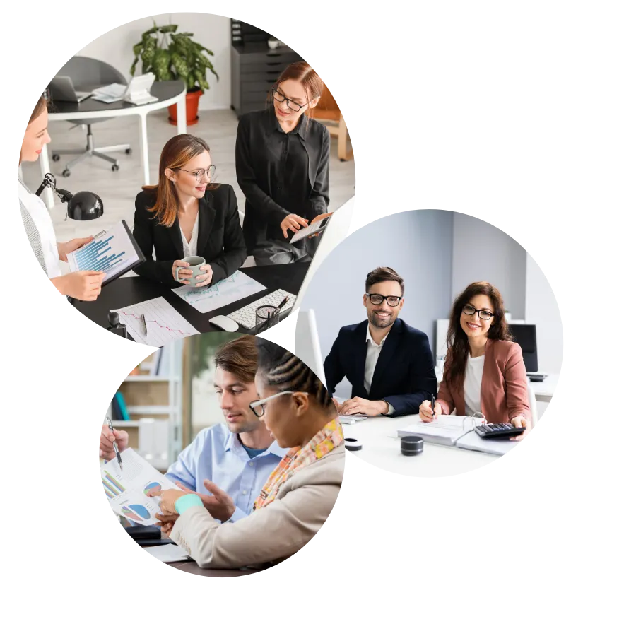 Business professionals collaborating on marketing strategy and workflow automation in a Tennessee office environment.