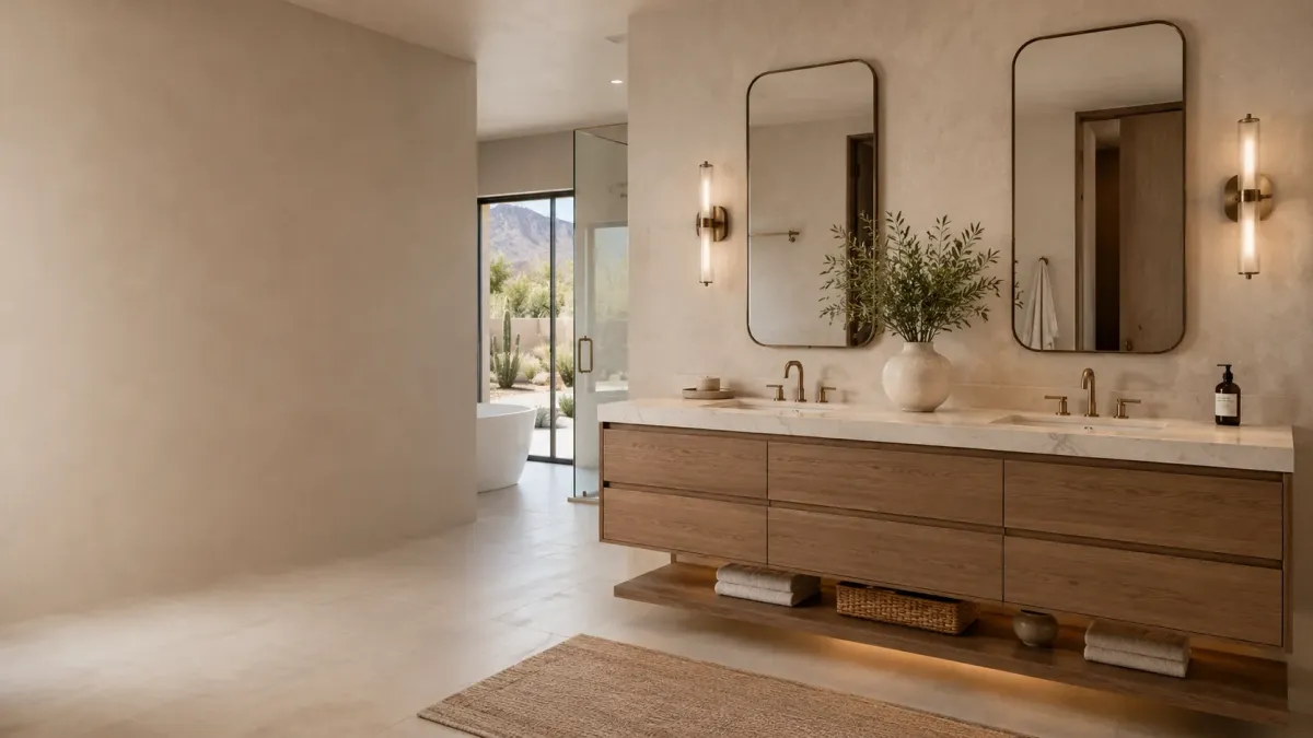 Custom bathroom vanity installation in Avondale, AZ featuring natural wood cabinetry, quartz countertop, dual sinks, brass fixtures, and designer mirrors.