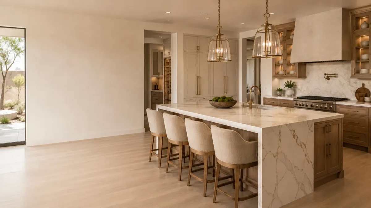 Custom kitchen island installation in Avondale, AZ featuring a quartz waterfall countertop, built-in cabinetry, seating, and elegant pendant lighting.