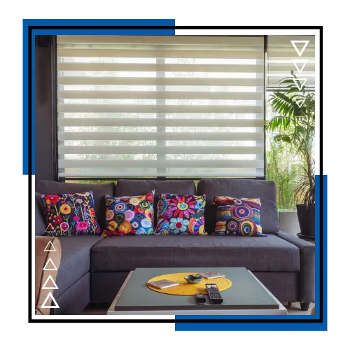 Designer zebra window treatments adding privacy and clean style to a calm bedroom