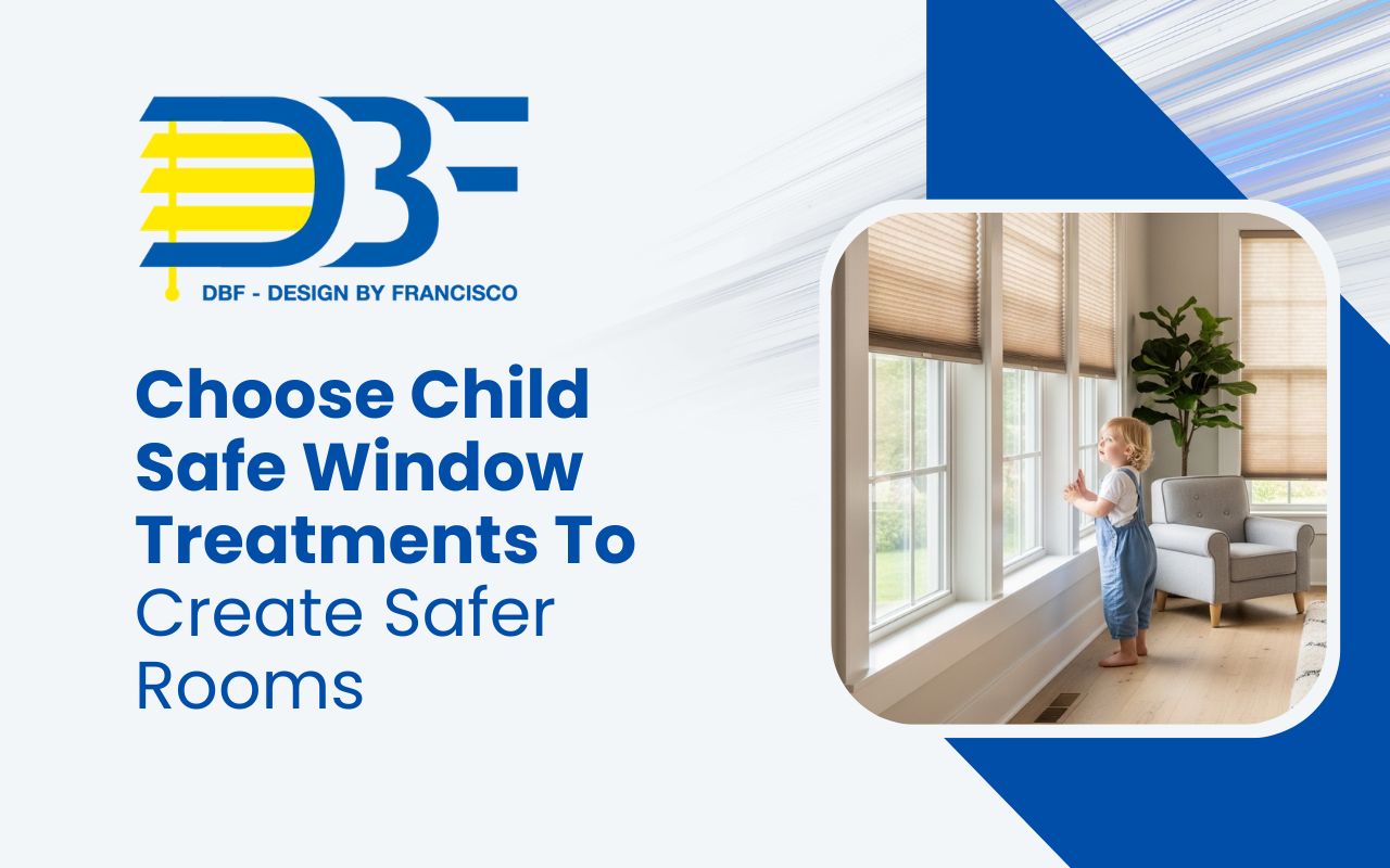 Child safe window treatments in a bright family living room