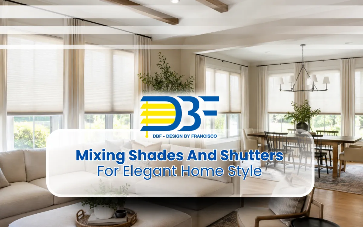 Mixing shades and shutters in a bright living room