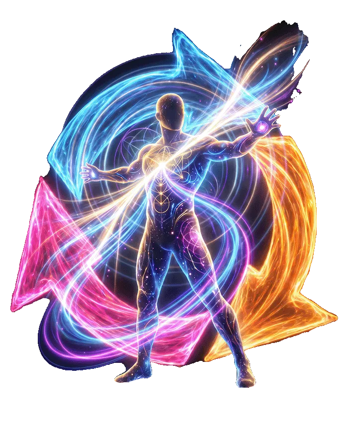 A lightworker stands, arms outstretched, in front of a glowing Spin Positive Tri-Arrow logo. Energy flows all around.