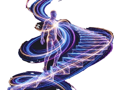 A lightworker ascends a spiral stair case. Energy flows all around.
