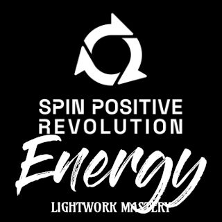 A white spin positive revolution logo on a black background. Underneath is the word Energy in larger with text followed by the words lightwork mastery.