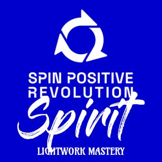 A white spin positive revolution logo on a blue background. Underneath is the word Spirit in larger with text followed by the words lightwork mastery.