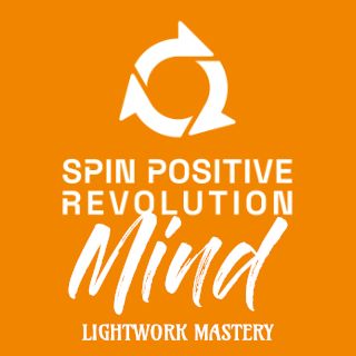 A white spin positive revolution logo on a orange background. Underneath is the word Mind in larger with text followed by the words lightwork mastery.