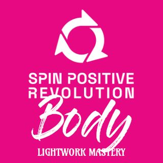 A white spin positive revolution logo on a pink background. Underneath is the word Body in larger with text followed by the words lightwork mastery.