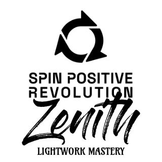 A black spin positive revolution logo on a white background. Underneath is the word Zenith in larger with text followed by the words lightwork mastery.