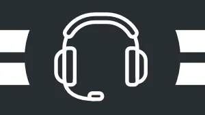 A white line graphic of a headset on a black background. Two broad, short white stripes adorn each side of the image.
