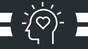 A white line graphic of a head silhouette with a heart inside on a black background. Two broad, short white stripes adorn each side of the image.