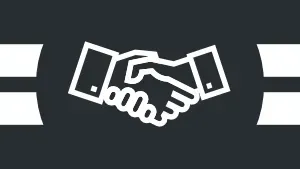 A white line graphic of two hands shaking on a black background. Two broad, short white stripes adorn each side of the image.