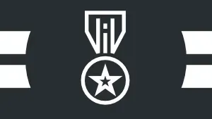 A white line graphic of a award medal on a black background. Two broad, short white stripes adorn each side of the image.