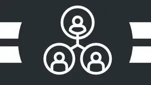 A white line graphic of three connected circles with silhouettes inside on a black background. Two broad, short white stripes adorn each side of the image.
