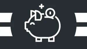 A white line graphic of a piggy bank on a black background. Two broad, short white stripes adorn each side of the image.