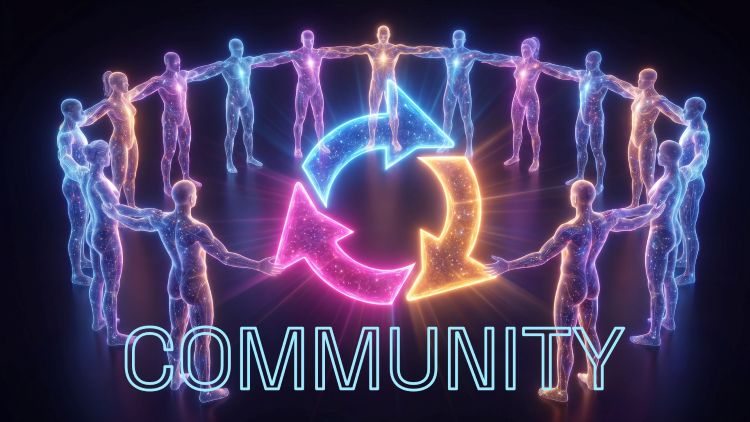 Energetic figures stand in a circle, arms linked, around a glowing Tri-Arrow Logo. The figures are a mix of blue, orange, and pink and all is against a black background. The word Community sits at the bottom in block letters