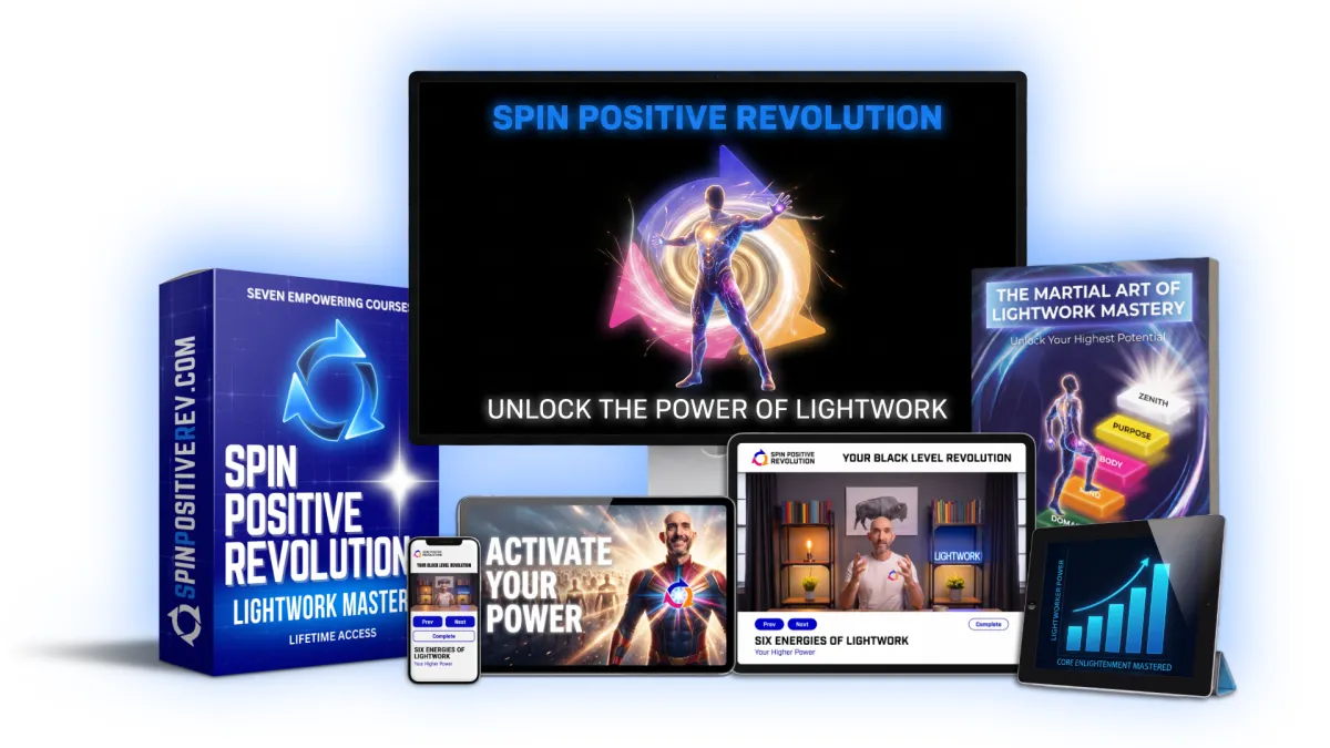 A black box standing upright. On the spine of the box it reads SpinPositiverev.com in white block typeface. On the front, at the top is the Spin Positive Tri-Arrow logo, three arrows in a circle. The first is medium blue, the second is tangerine, the third is magenta. Just below the logo are the words Spin Positive Revolution in white typeface. Below that are the words Lightwork Mastery in red block typeface.