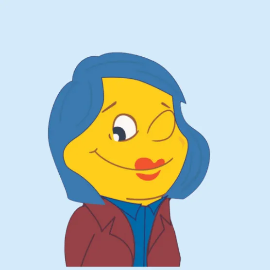 A yellow cartoon character with blue hair