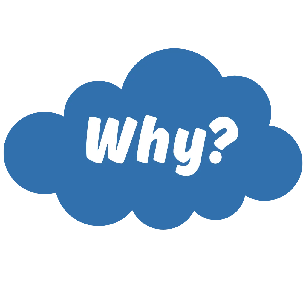 A blue cloud featuring white writing saying "Why?"