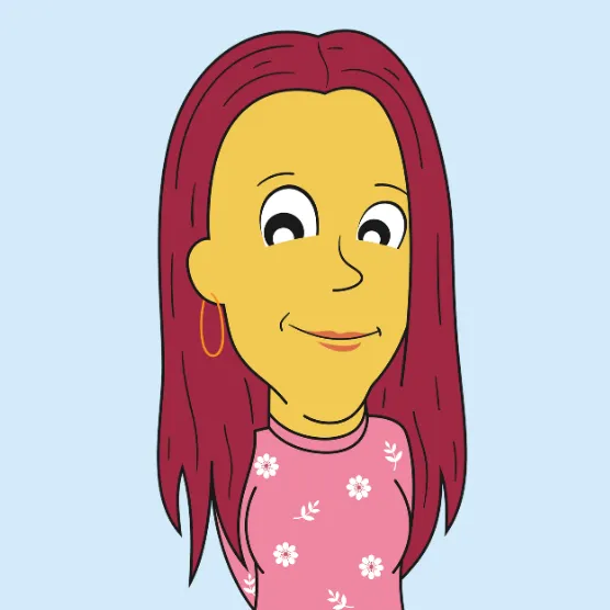 A yellow character with red hair wearing a green coloured top