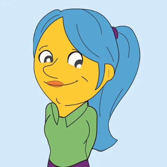 A yellow cartoon character with blue hair wearing a brown suite