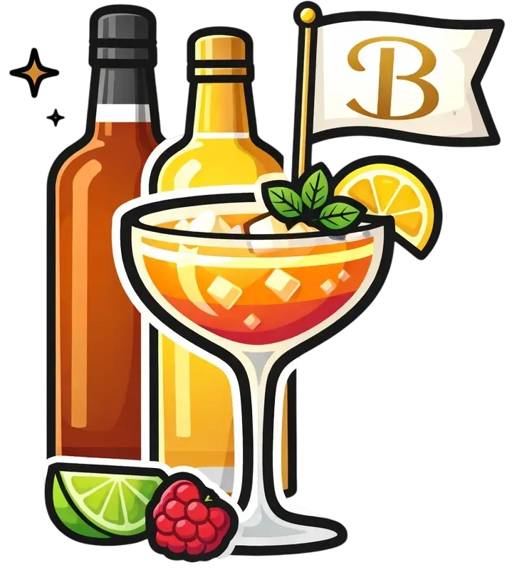 Bars on Wheels cocktail and liquor service icon featuring mixed drinks, garnish, and beverage bottles for mobile bartending events
