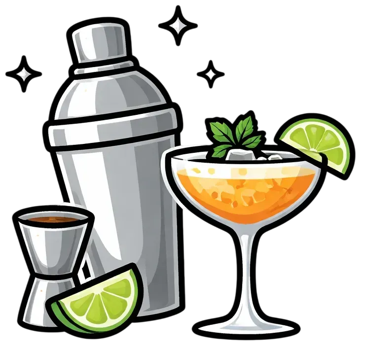 Bars on Wheels cocktail shaker service icon featuring a mixed drink, lime garnish, and bartending tools for mobile bar events
