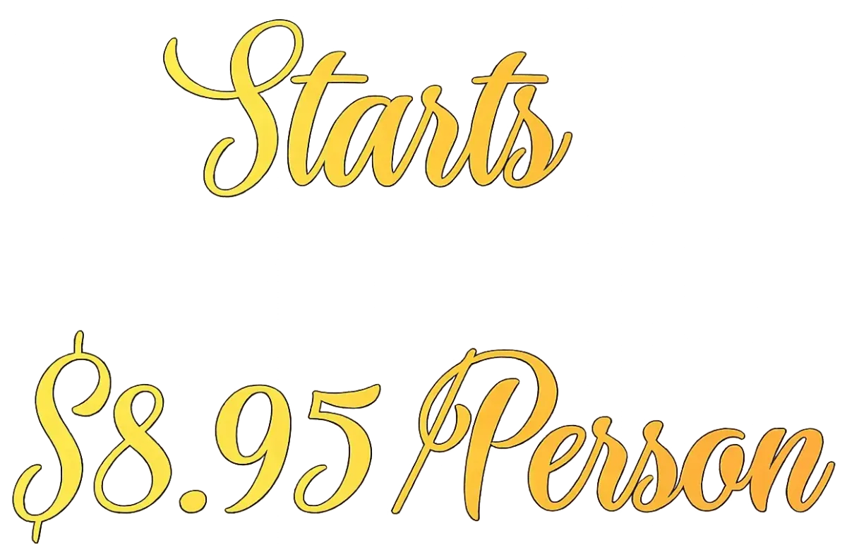 Bars on Wheels event pricing graphic showing starting package rate of $8.95 per person