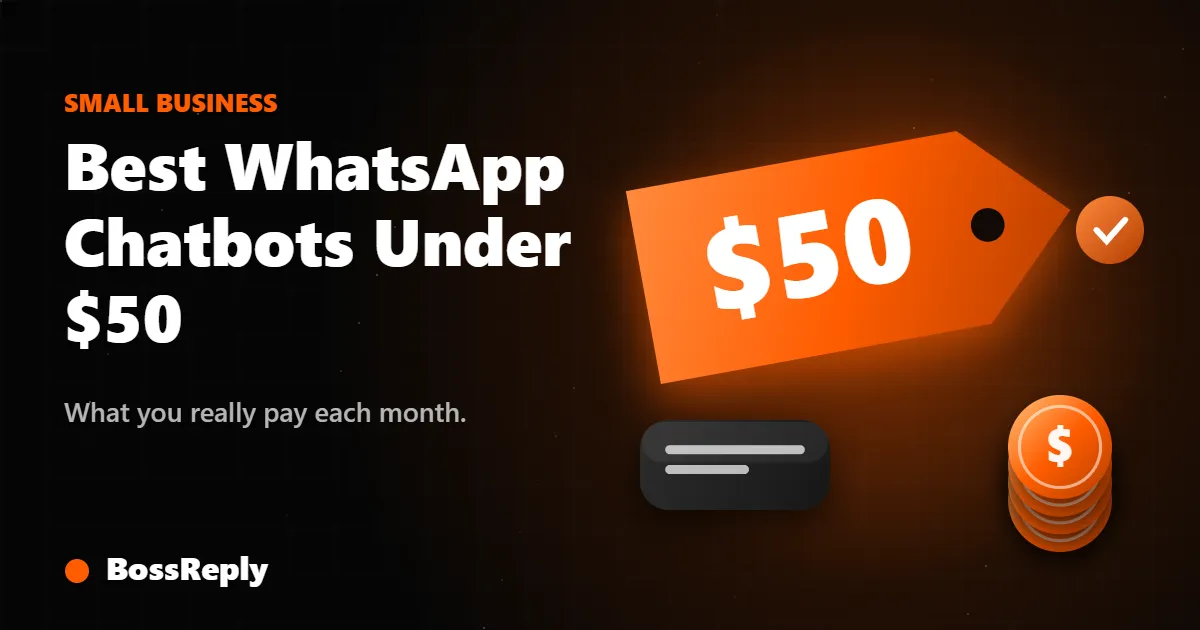 Best WhatsApp chatbots under 50 dollars cover: large price tag with coin stack