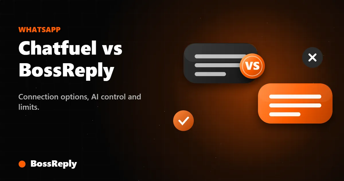 Chatfuel vs BossReply on WhatsApp cover: two chat bubbles with a check and a cross