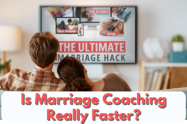 Couple leaning together watching The Ultimate Marriage Hack video on TV, online marriage coaching vs therapy