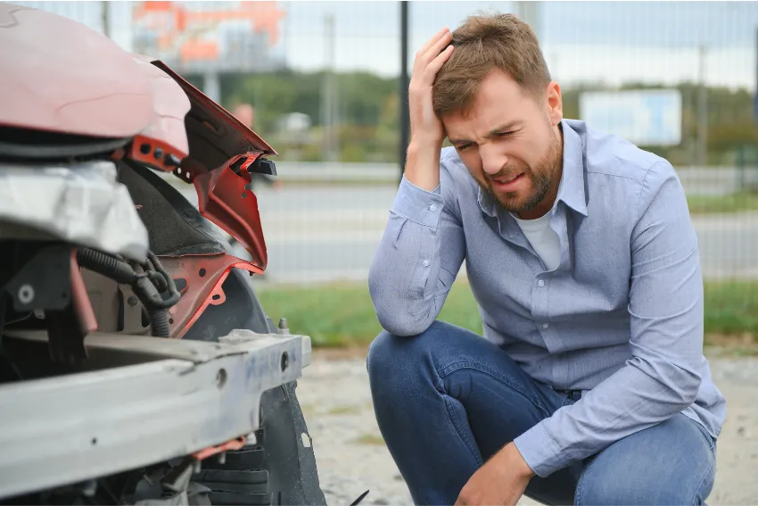 Man holding his head in pain beside a damaged car after a motor vehicle accident.
