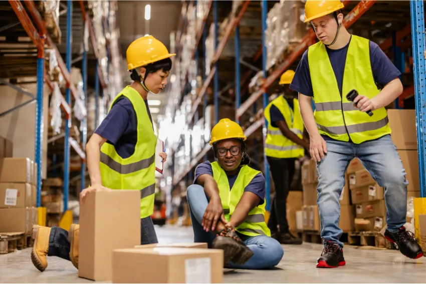 Warehouse worker sitting on the floor in pain after an injury while coworkers assist.