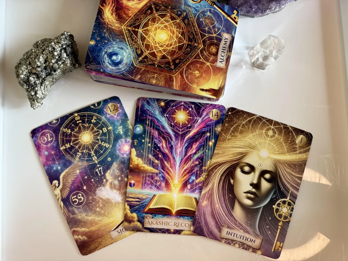 close up of 3 card spread from the akashic soul alchemy oracle deck