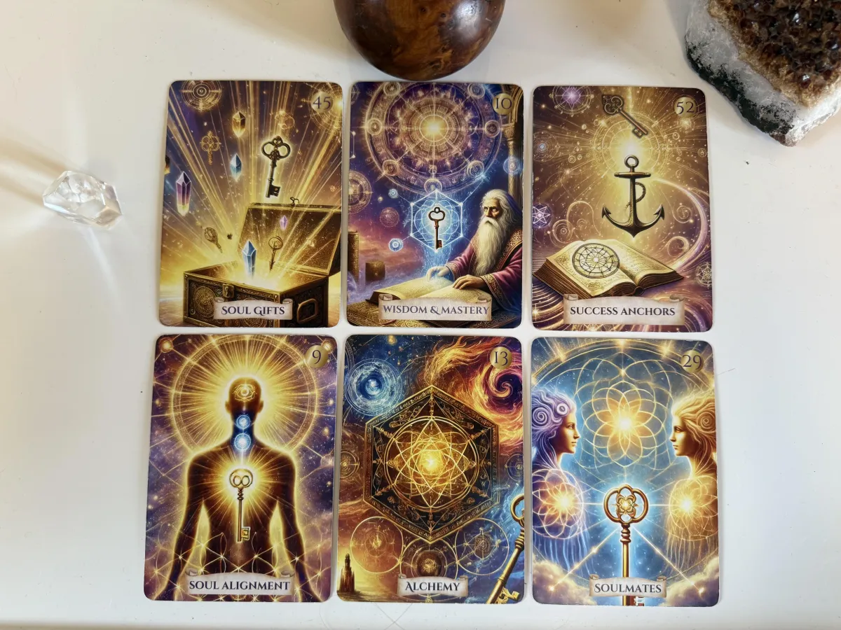 close up image of 6 f the akashic soul alchemy oracle deck cards
