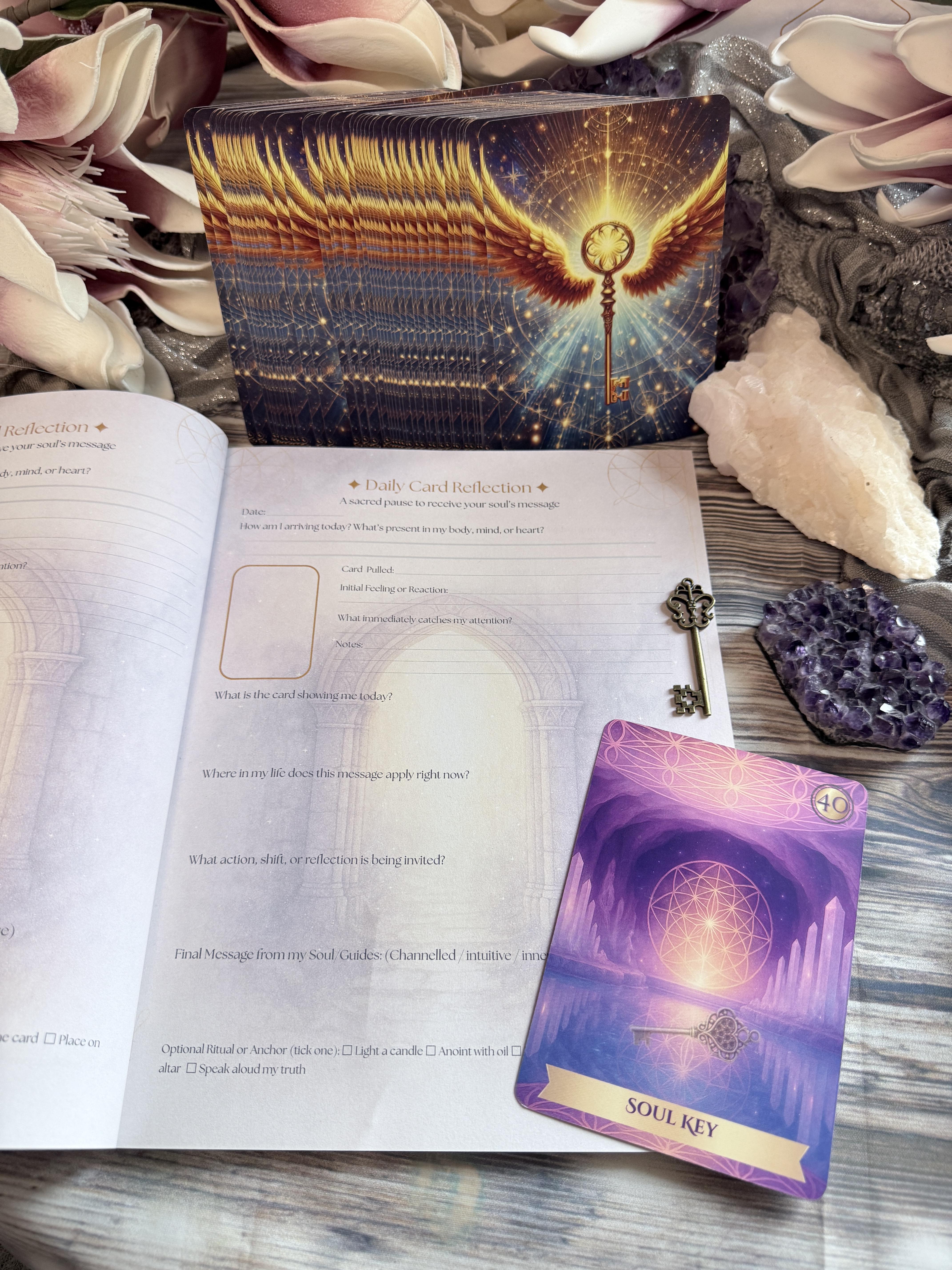 inside page of akashic soul alchemy journal, key and oracle deck