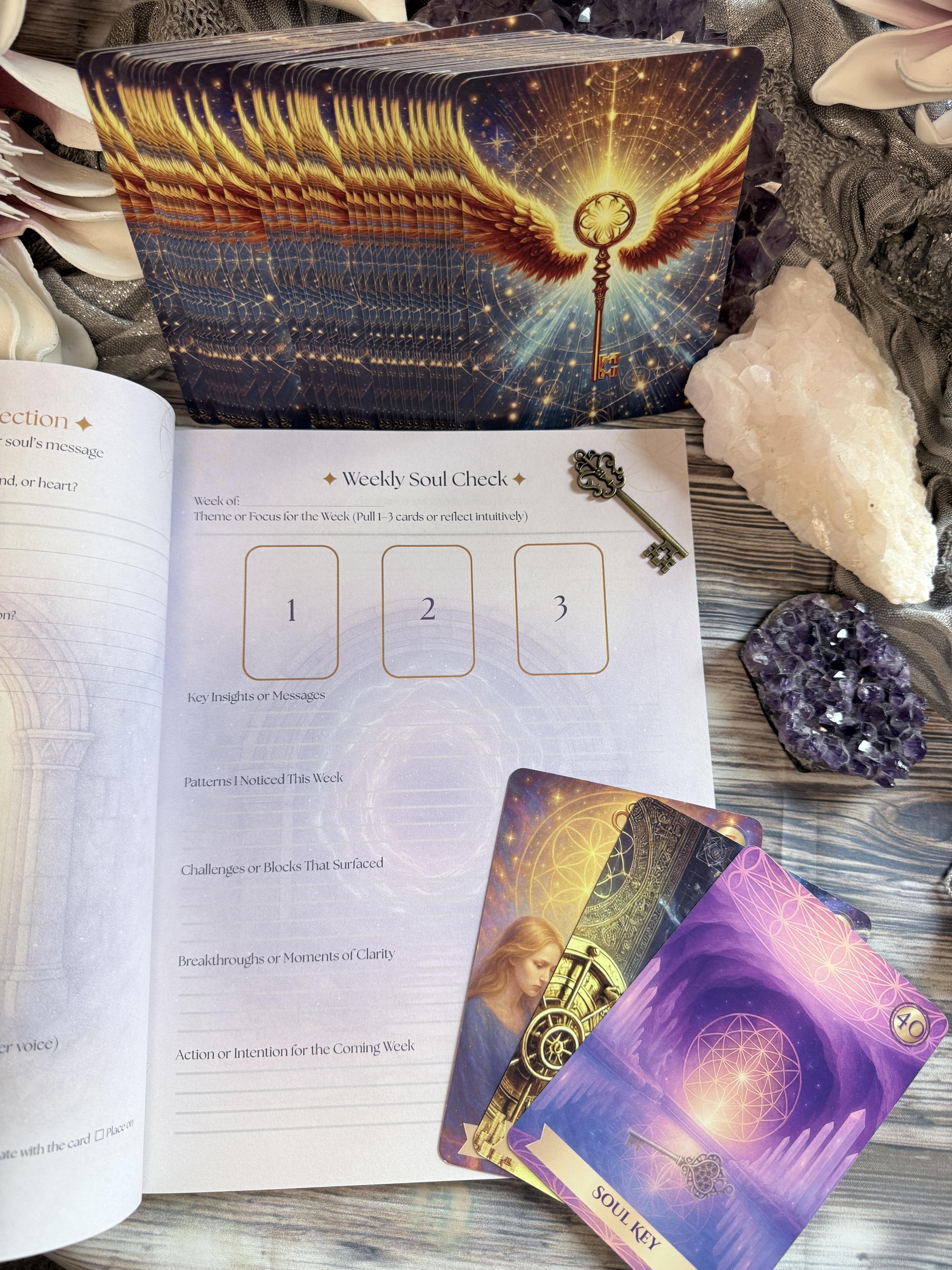 akashic soul alchemy oracle deck, key and inside page of the journal