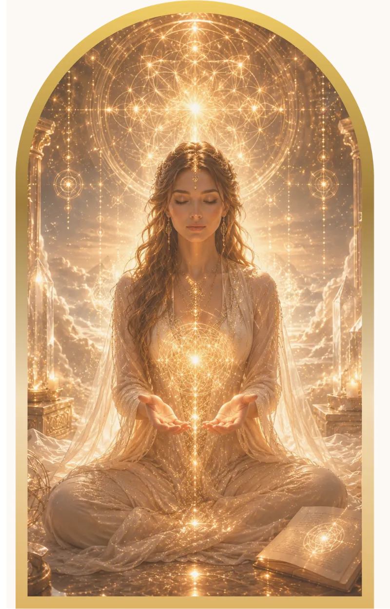 Radiant divine feminine energy surrounded by celestial light and sacred symbols