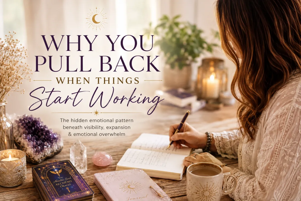 Woman journaling beside the Akashic Soul Alchemy Oracle Deck with crystals and candles, representing emotional healing, visibility healing and spiritual self-reflection.