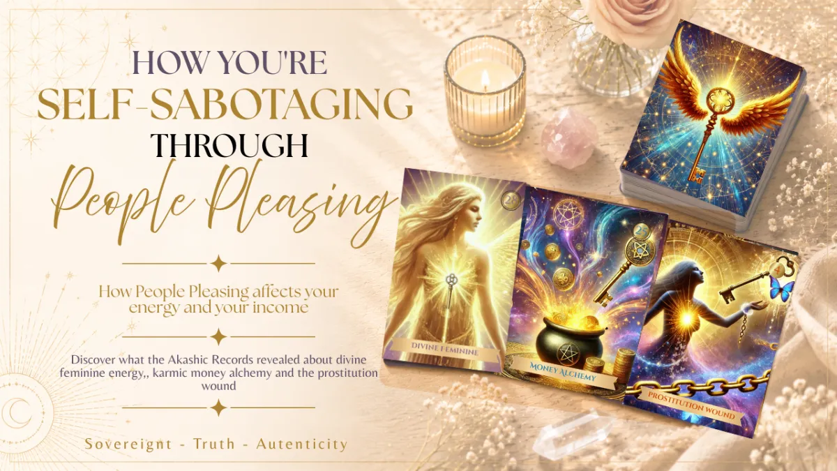 Suzi Edwards sharing an Akashic Soul Alchemy Oracle reading exploring how you are self-sabotaging through people-pleasing, featuring the Divine Feminine, Money Alchemy and Prostitution Wound cards.
