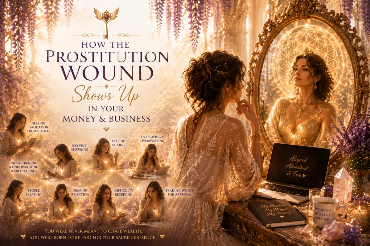 Soft feminine spiritual artwork representing the Prostitution Wound in money and business, featuring an ethereal woman in warm candlelight surrounded by sacred geometry, golden light dissolving from her open palms, symbolising the healing of undercharging, overdelivering and reclaiming sovereign worth in business.