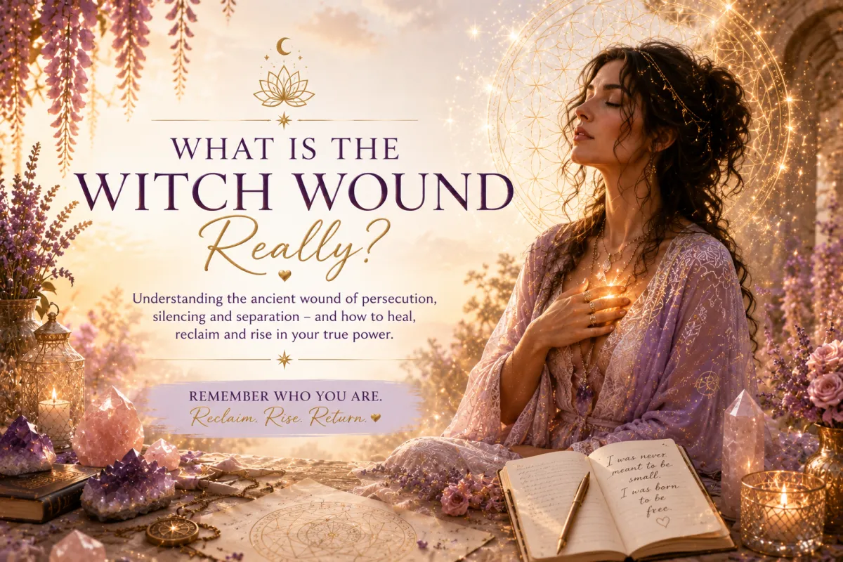 Soft feminine spiritual artwork representing the Witch Wound, featuring an ethereal woman wrapped in flickering candlelight and shadow, with golden threads of light breaking through darkness around her, symbolising release from persecution, reclaimed visibility and safe return to her power.