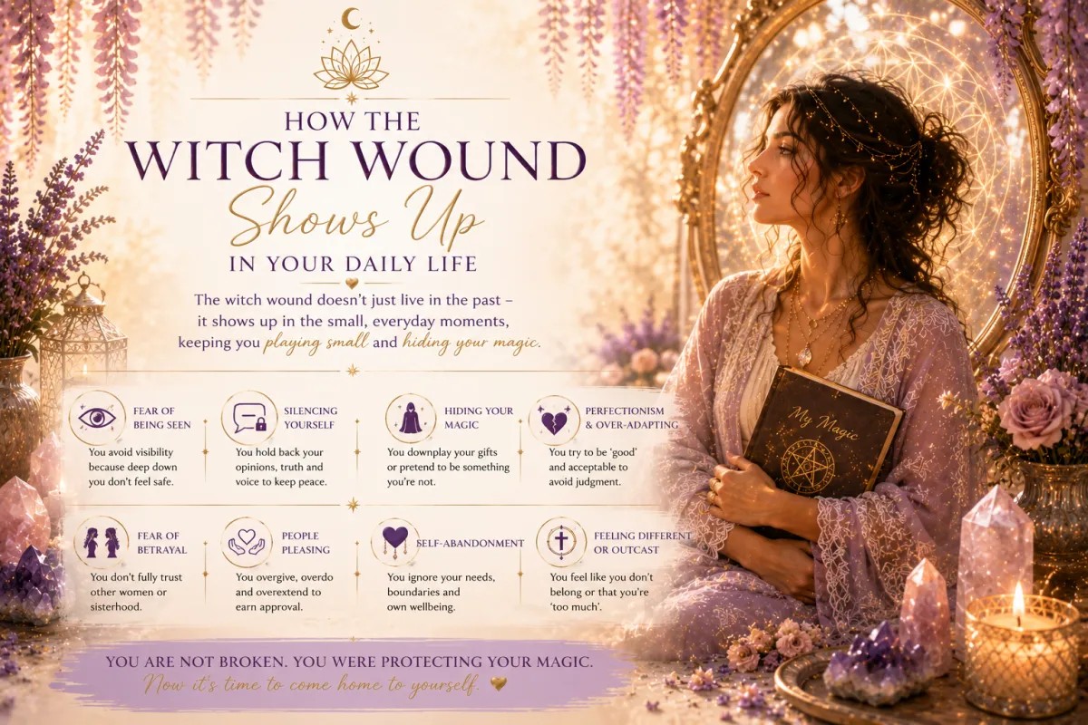 Infographic titled How The Witch Wound Shows Up In Your Daily Life, featuring an ethereal dark-haired woman holding a book titled My Magic, surrounded by crystals, candlelight and wisteria. Eight signs listed include fear of being seen, silencing yourself, hiding your magic, perfectionism and over-adapting, fear of betrayal, people pleasing, self-abandonment, and feeling different or outcast. Tagline reads: You are not broken. You were protecting your magic. Now it's time to come home to yourself.