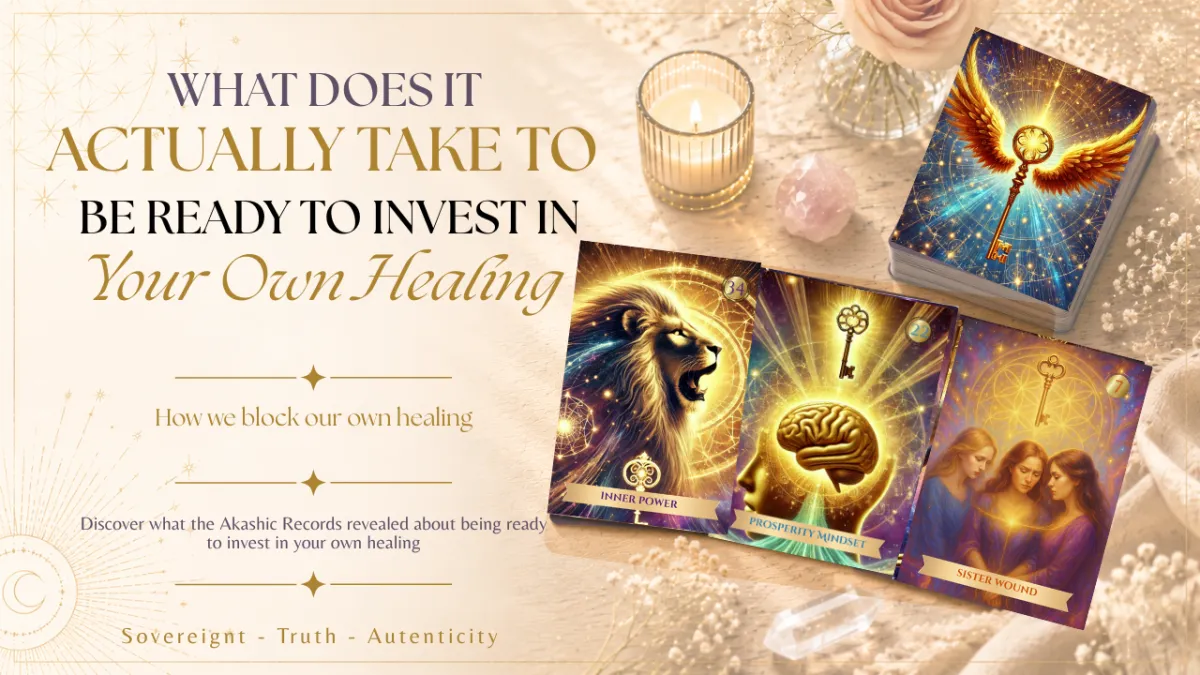 What does it actually take to be ready to invest in your own healing — Akashic Soul Alchemy Oracle cards Inner Power, Prosperity Mindset, and Sister Wound with journal and gold key